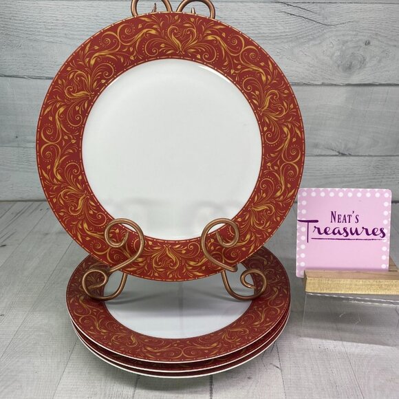 JC Penny Chris Madden MONTALIRA RED Gold Design Porcelain Dinner Plate Set 4 - Picture 1 of 16